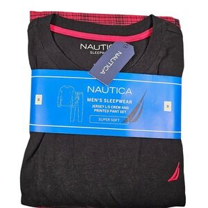 Nautica Mens Sleepwear Jersey LS Crew and Printed Pant Set Plaid FKJ501